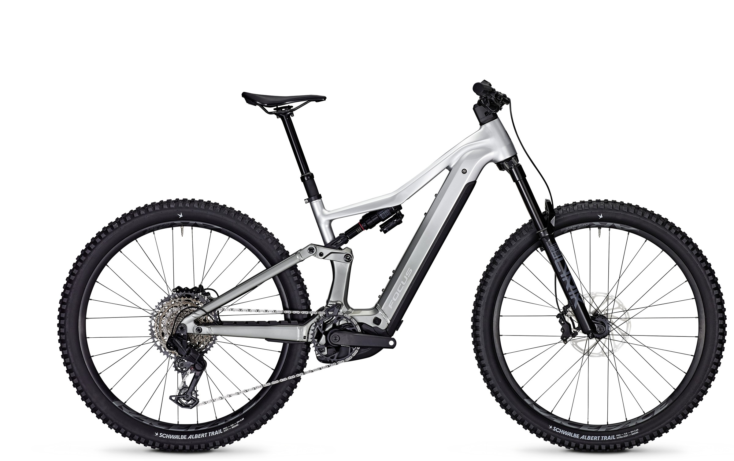 Focus Jam 6 8 electric mountain bike in Silver Bosch motor in the alloy JAM2 frame