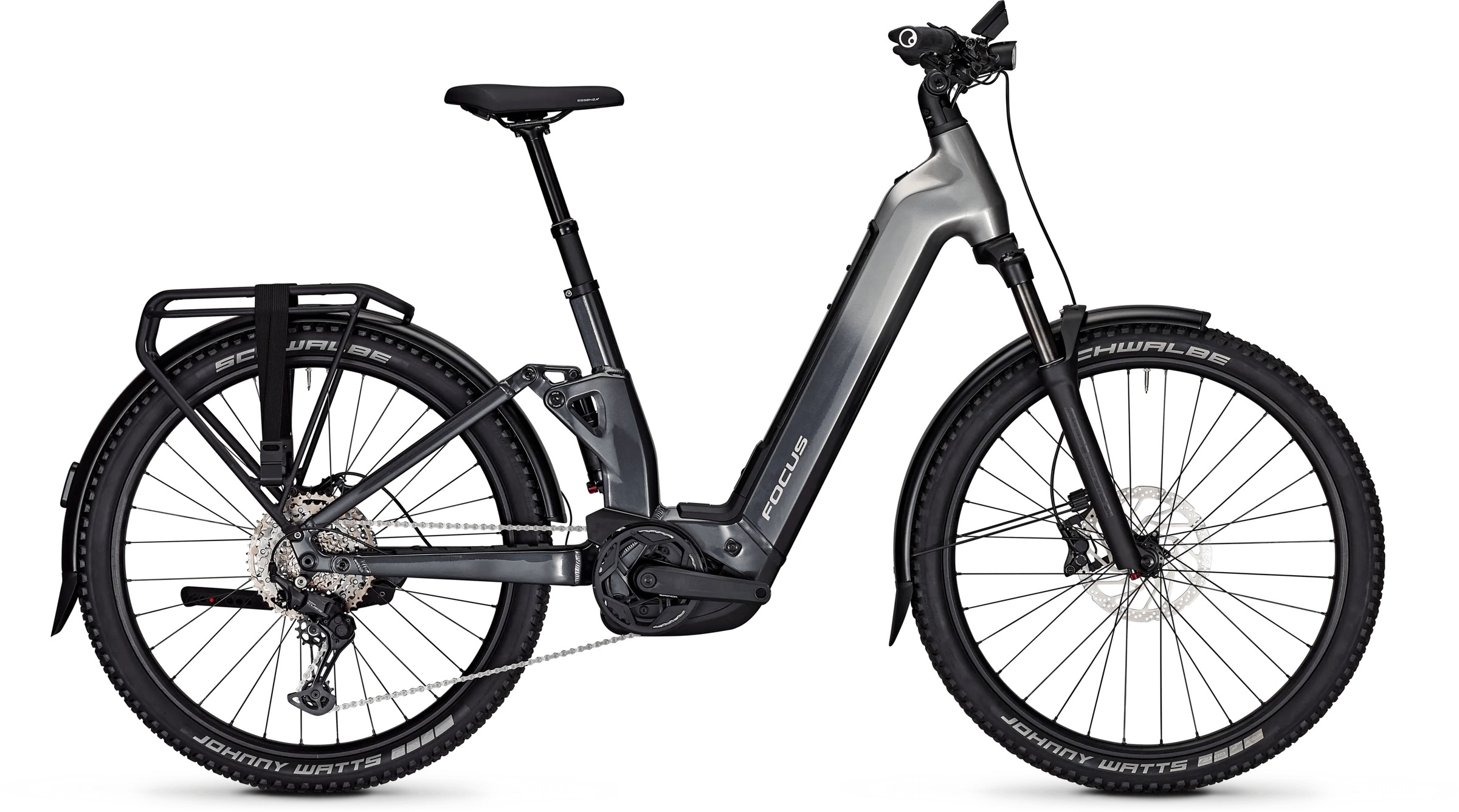 Focus Aventura2 6 8 FS full suspension step through e bike in grey with air fork Bosch motor and rear rack