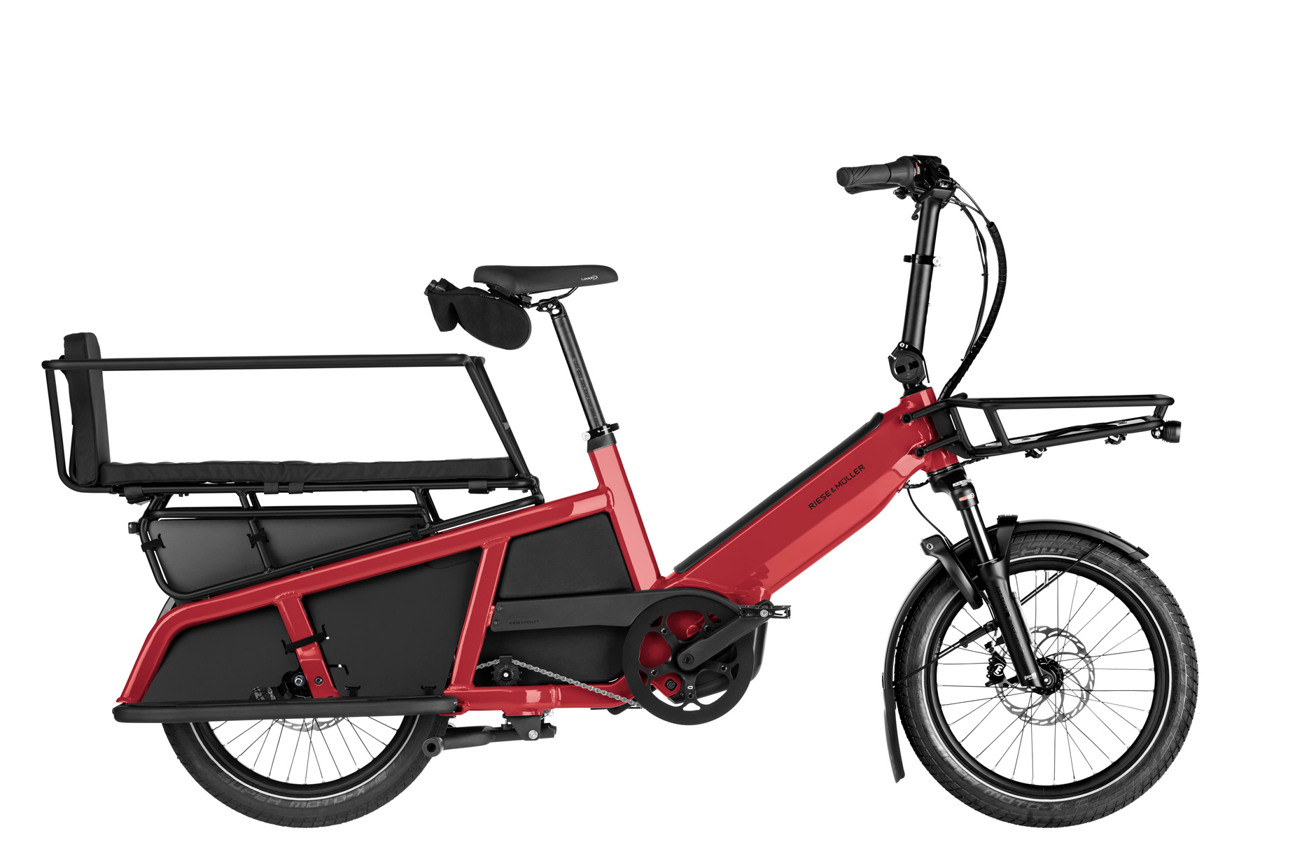 Riese & Müller Multitinker2 FAMILY in lava/black with the Family kit, side view
